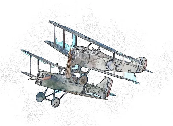 Viejo Avión Combate Aislado Sobre Fondo Blanco Arte Vintage Ilustración —  Fotos de Stock
