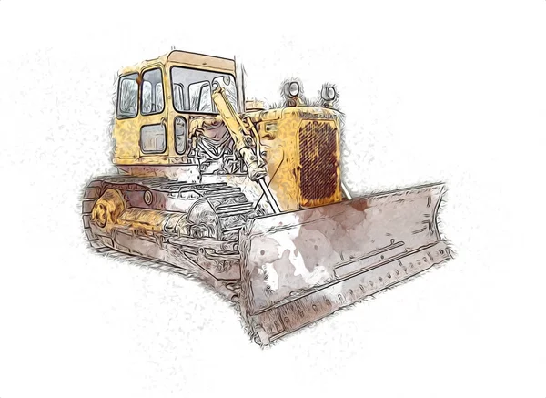 Bulldozer Ilustração Cor Arte Grunge Desenho Vintage — Fotografia de Stock