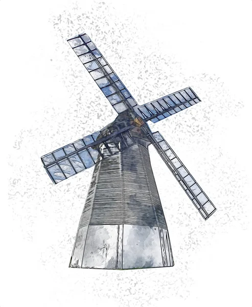 windmill old retro vintage drawing illustration art