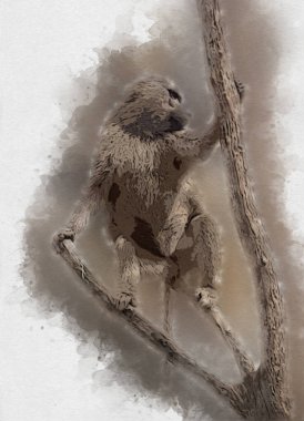 Ağaçların renkli çizimlerinde gerçekçi bir maymun.