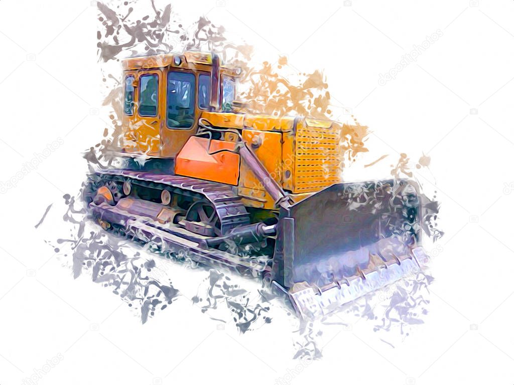 Bulldozer illustration color art grunge drawing vintage