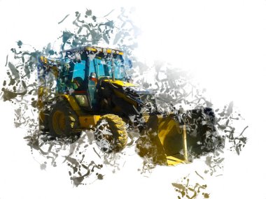 Kazı makinesi traktör çizimi rengi izole edilmiş antika sanat eserleri