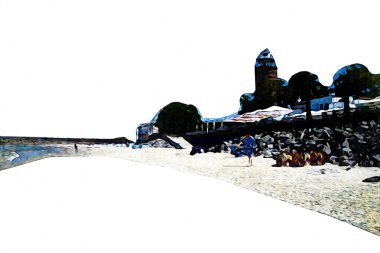 Beyaz kumlu güzel bir sahil, yaz tatili sanat çizimleri için doğal arka plan.