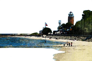 Beyaz kumlu güzel bir sahil, yaz tatili sanat çizimleri için doğal arka plan.