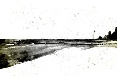 Beyaz kumlu güzel bir sahil, yaz tatili sanat çizimleri için doğal arka plan.