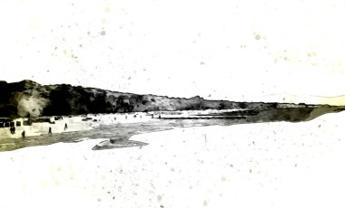 Beyaz kumlu güzel bir sahil, yaz tatili sanat çizimleri için doğal arka plan.