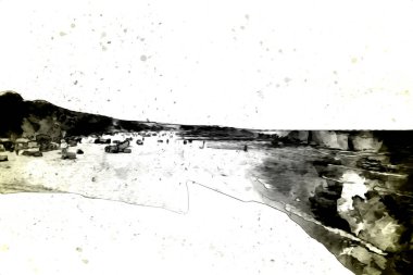 Beyaz kumlu güzel bir sahil, yaz tatili sanat çizimleri için doğal arka plan.