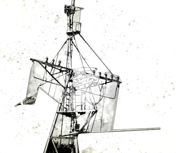 海軍船の軍事レーダー航空監視 ヴィンテージを描くアートイラスト — ストック写真