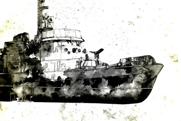 Barco Militar Pasa Por Mar Atlántico Áspero Ilustración Vintage Arte — Foto de Stock