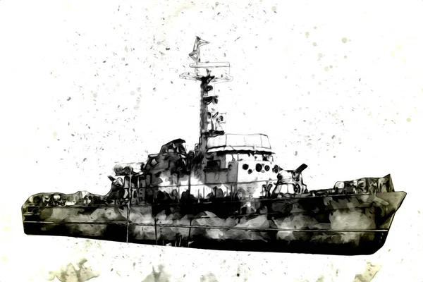 Nave Militare Passa Attraverso Ruvido Mare Atlantico Illustrazione Vintage Retrò — Foto Stock