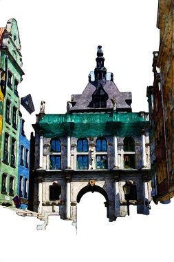 Polonya 'daki Gdansk şehrinin mimarisinin güzel bir görüntüsünün suluboya çizimi veya çizimi