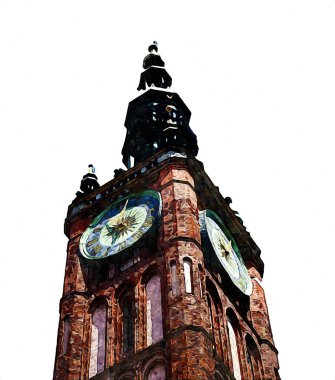Polonya 'daki Gdansk şehrinin mimarisinin güzel bir görüntüsünün suluboya çizimi veya çizimi