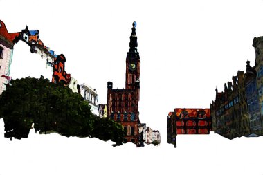 Polonya 'daki Gdansk şehrinin mimarisinin güzel bir görüntüsünün suluboya çizimi veya çizimi