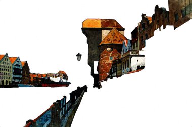 Polonya 'daki Gdansk şehrinin mimarisinin güzel bir görüntüsünün suluboya çizimi veya çizimi