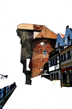 Polonya 'daki Gdansk şehrinin mimarisinin güzel bir görüntüsünün suluboya çizimi veya çizimi