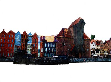 Polonya 'daki Gdansk şehrinin mimarisinin güzel bir görüntüsünün suluboya çizimi veya çizimi