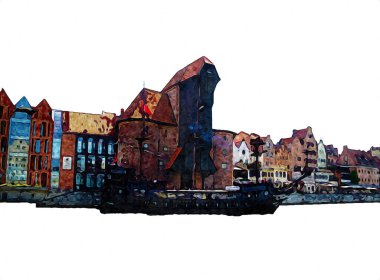 Polonya 'daki Gdansk şehrinin mimarisinin güzel bir görüntüsünün suluboya çizimi veya çizimi