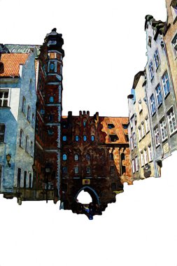 Polonya 'daki Gdansk şehrinin mimarisinin güzel bir görüntüsünün suluboya çizimi veya çizimi