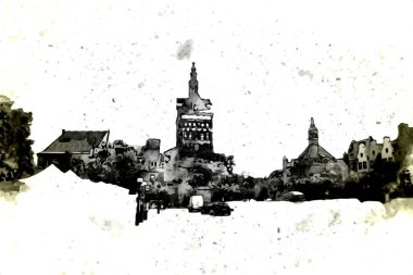 Polonya 'daki Gdansk şehrinin mimarisinin güzel bir görüntüsünün suluboya çizimi veya çizimi