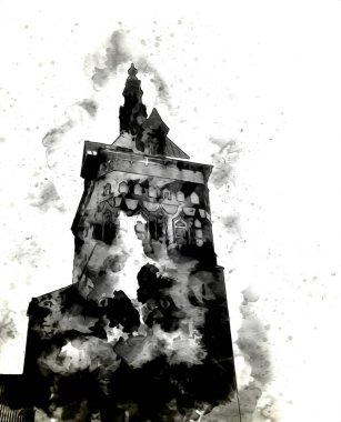 Polonya 'daki Gdansk şehrinin mimarisinin güzel bir görüntüsünün suluboya çizimi veya çizimi