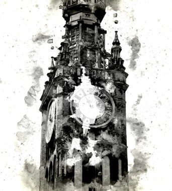 Polonya 'daki Gdansk şehrinin mimarisinin güzel bir görüntüsünün suluboya çizimi veya çizimi