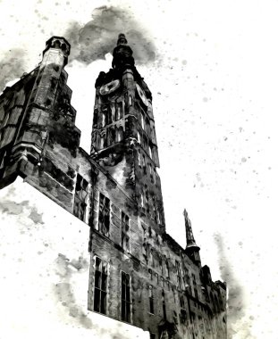 Polonya 'daki Gdansk şehrinin mimarisinin güzel bir görüntüsünün suluboya çizimi veya çizimi