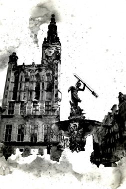 Polonya 'daki Gdansk şehrinin mimarisinin güzel bir görüntüsünün suluboya çizimi veya çizimi