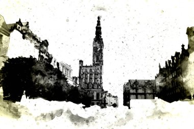 Polonya 'daki Gdansk şehrinin mimarisinin güzel bir görüntüsünün suluboya çizimi veya çizimi