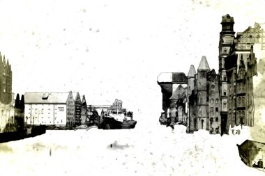 Polonya 'daki Gdansk şehrinin mimarisinin güzel bir görüntüsünün suluboya çizimi veya çizimi