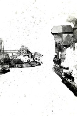 Polonya 'daki Gdansk şehrinin mimarisinin güzel bir görüntüsünün suluboya çizimi veya çizimi