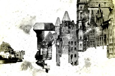 Polonya 'daki Gdansk şehrinin mimarisinin güzel bir görüntüsünün suluboya çizimi veya çizimi