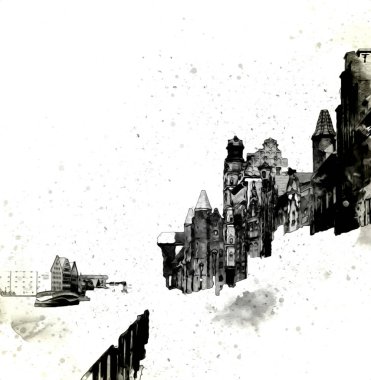 Polonya 'daki Gdansk şehrinin mimarisinin güzel bir görüntüsünün suluboya çizimi veya çizimi