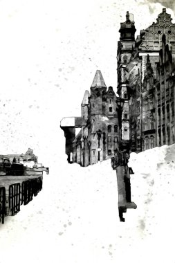 Polonya 'daki Gdansk şehrinin mimarisinin güzel bir görüntüsünün suluboya çizimi veya çizimi