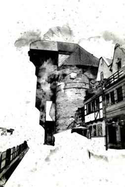 Polonya 'daki Gdansk şehrinin mimarisinin güzel bir görüntüsünün suluboya çizimi veya çizimi