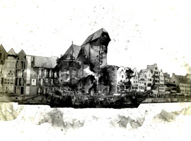 Polonya 'daki Gdansk şehrinin mimarisinin güzel bir görüntüsünün suluboya çizimi veya çizimi