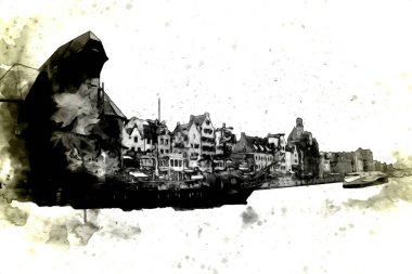 Polonya 'daki Gdansk şehrinin mimarisinin güzel bir görüntüsünün suluboya çizimi veya çizimi
