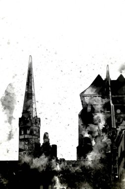 Polonya 'daki Gdansk şehrinin mimarisinin güzel bir görüntüsünün suluboya çizimi veya çizimi