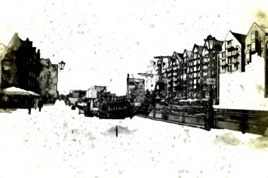 Polonya 'daki Gdansk şehrinin mimarisinin güzel bir görüntüsünün suluboya çizimi veya çizimi