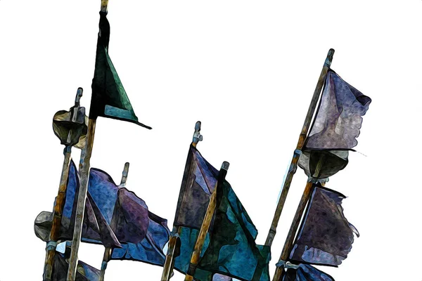Rüzgarda Dalgalanan Renkli Deniz Yelkenli Bayrakları Sanat Eseri Çizimleri — Stok fotoğraf