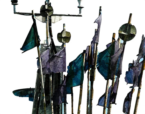 Барвисті Морські Вітрильні Прапори Летять Вітровому Мистецтві Ілюстрація Старовинний Малюнок — стокове фото