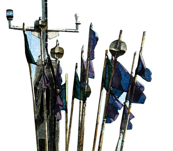 Πολύχρωμες Ναυτικές Σημαίες Ιστιοπλοΐα Που Φέρουν Στην Εικόνα Τέχνη Του — Φωτογραφία Αρχείου