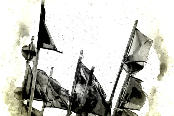Bandeiras Coloridas Vela Náutica Voando Ilustração Vento Ilustração Vintage Desenho — Fotografia de Stock