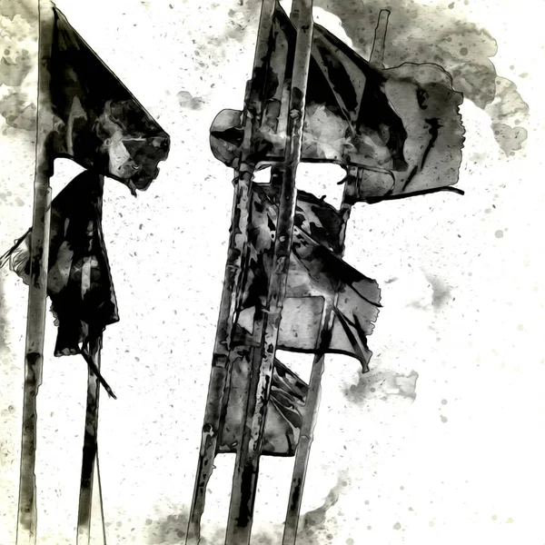 Színes Hajózási Vitorlás Zászlók Repül Szél Művészet Illusztráció Évjárat Rajz — Stock Fotó