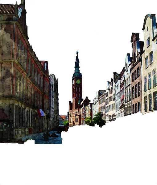 Desenho Aquarela Ilustração Uma Bela Vista Arquitetura Cidade Gdansk Polônia — Fotografia de Stock