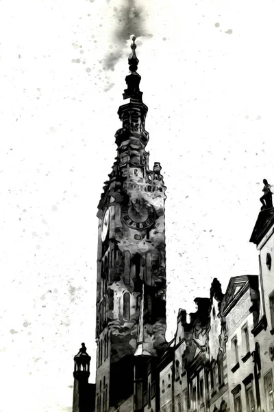 Aquarelschets Illustratie Van Een Prachtig Uitzicht Architectuur Van Stad Gdansk — Stockfoto