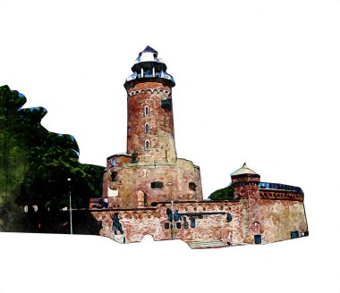 El çizimi suluboya deniz feneri illüstrasyon sanat klasiği çizimi