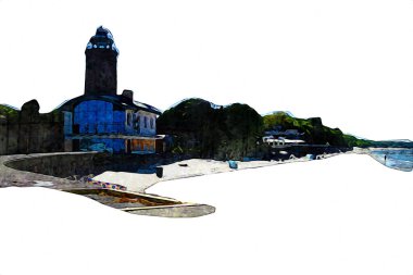 El çizimi suluboya deniz feneri illüstrasyon sanat klasiği çizimi