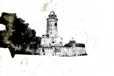 El çizimi suluboya deniz feneri illüstrasyon sanat klasiği çizimi