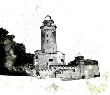 El çizimi suluboya deniz feneri illüstrasyon sanat klasiği çizimi