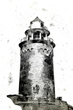 El çizimi suluboya deniz feneri illüstrasyon sanat klasiği çizimi
